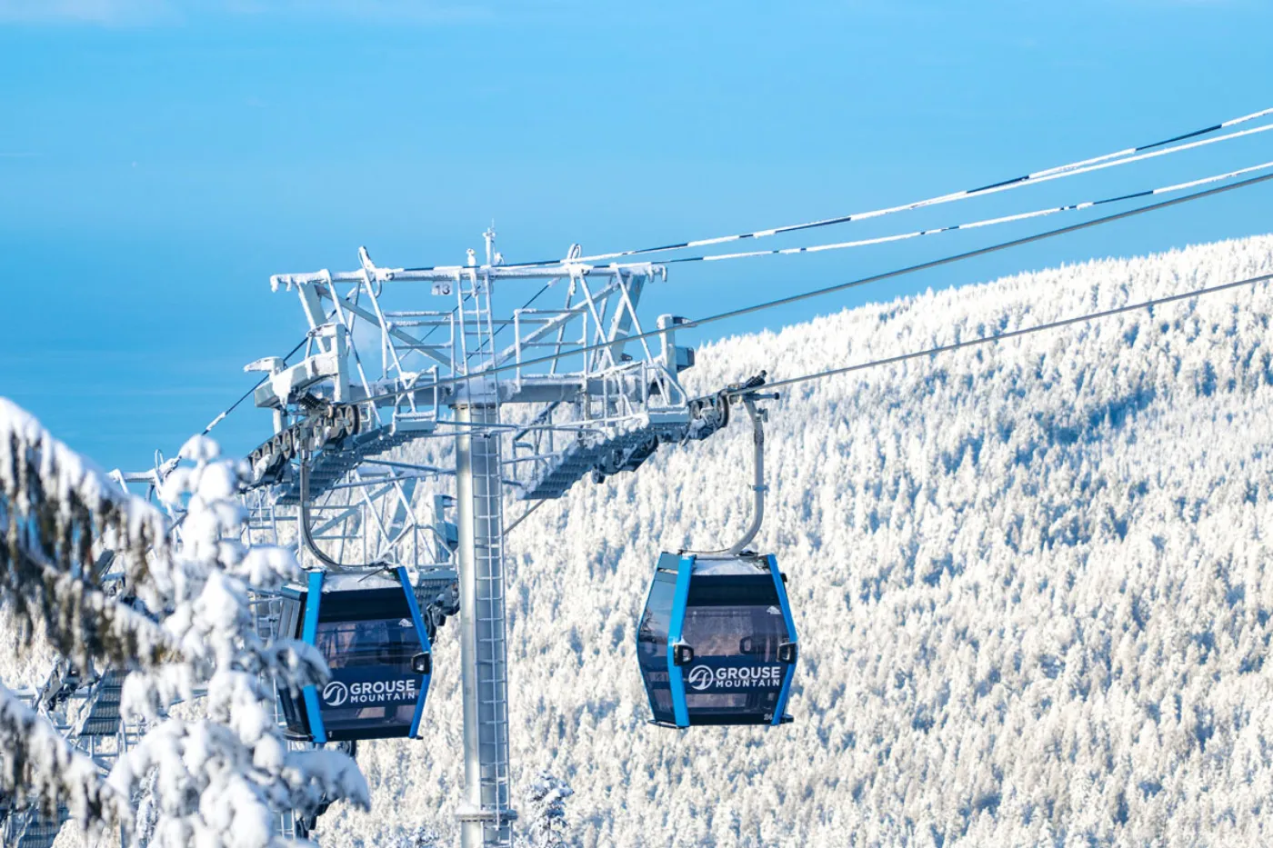 Blue Grouse Gondola ascending Grouse Mountain in the winter on a blue bird day. Image courtesy of Grouse Mountain